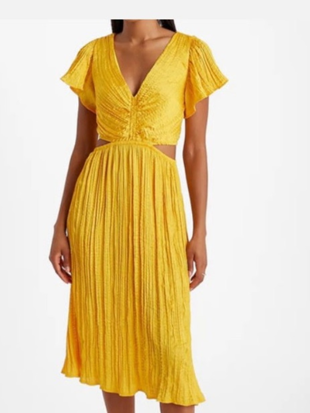 Express Dresses (Made in Vietnam)/Express Satin V-neck Flutter Sleeve Pleated